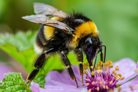 Bumblebee is gathering pollen on a purple flower in summerの素材