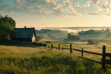 Sunrise illuminating a foggy valley with a wooden house and a fence in the foregroundの素材