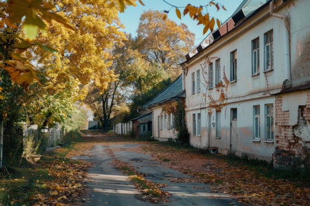 Empty alleyway covered with fallen leaves leading past buildings on a sunny autumn dayの素材