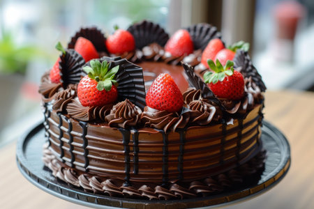 Delicious chocolate cake decorated with chocolate chips and fresh strawberries being displayed on a cake standの素材