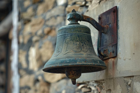 Old rusty bell is hanging on a stone wall, showing the signs of time and weatherの素材
