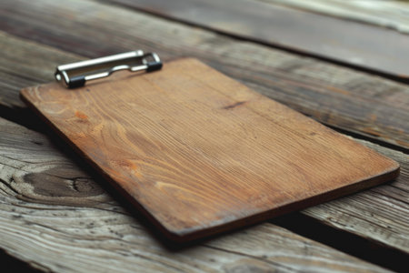 Empty wooden clipboard is lying on a rustic wood tableの素材