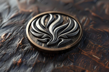 Round metallic emblem featuring an abstract design, resting on a textured wooden backgroundの素材