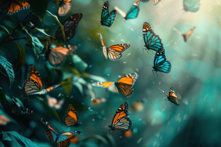 Monarch butterflies are flying away from lush green leaves in a magical forestの素材