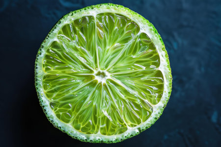 Lime slice showing internal structure and details on dark backgroundの素材