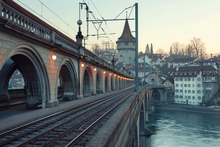 The sun sets behind the buildings of bern switzerland as a train crosses a bridge over the aare riverの素材