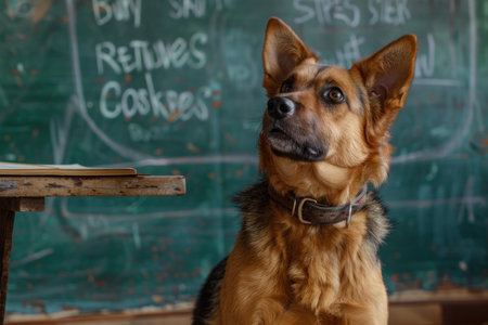 German shepherd dog sitting near a blackboard looking up with attention, in a classroomの素材