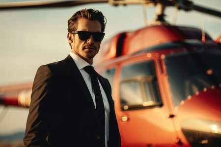 Businessman wearing sunglasses is posing near a private helicopter on a sunny dayの素材