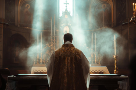 Priest stands before the altar in a church, enveloped in mystical smoke with sunlight streaming throughの素材