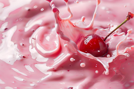 Single ripe red cherry making a splash as it falls into creamy pink yogurtの素材