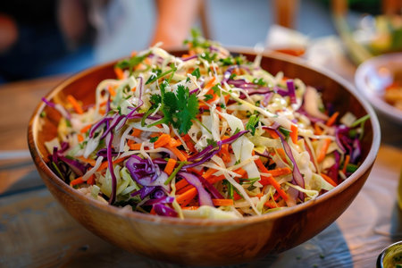 Wooden bowl is overflowing with freshly made coleslaw, ready to be served as a side dish for a delicious mealの素材