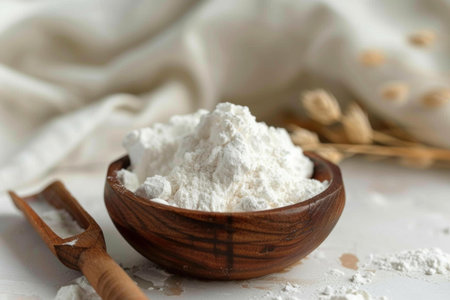 Bowl full of white flour with wooden scoop is waiting for baker to start making doughの素材