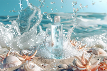 Transparent bottle of micellar water standing on the sand, surrounded by seashells and splashing sea water, concept of summer cosmeticsの素材