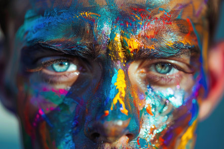 Male model is showcasing vibrant pops of color painted on his faceの素材
