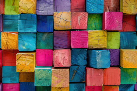 Vibrant collection of painted wooden cubes creates an interesting and textured backgroundの素材