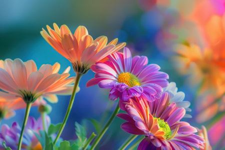 Beautiful, colorful gerbera daisies blooming in a garden with a blurred backgroundの素材