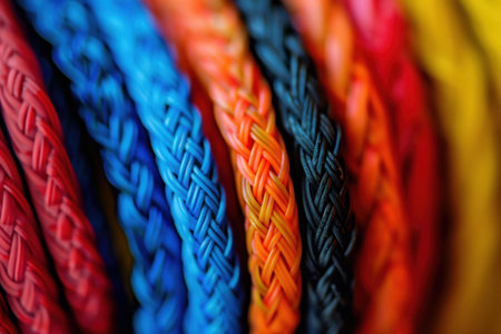 Close up view of colorful braided cables creating an intricate patternの素材