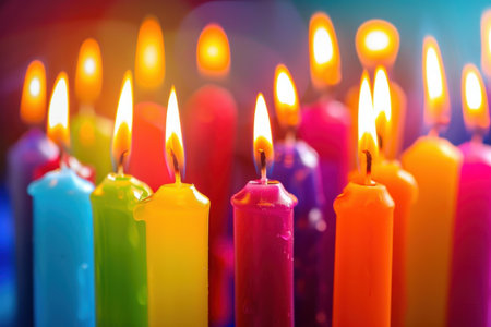 Festive image of colorful lit candles glowing against a blurry backgroundの素材