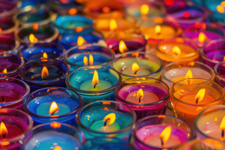 Many small colorful candles are burning, creating a romantic atmosphereの素材