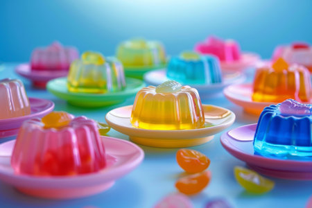 Many colorful jellies with fruit inside sitting on plates with scattered candies on a blue backgroundの素材