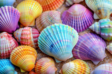 Many colorful seashells are lying on the sand, creating a vibrant backgroundの素材