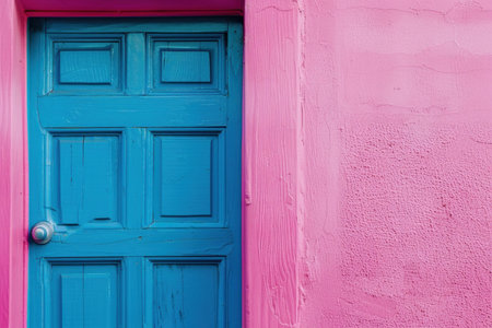 Blue painted wooden front door is contrasting with a pink wallの素材
