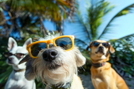 Humorous closeup of dogs with sunglasses enjoying a sunny day under palm treesの素材
