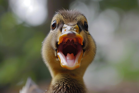 Highresolution image capturing the detailed expression of a duck with its beak wide openの素材