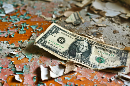 Tattered one dollar bill is lying on a dirty floor with peeling paint, showing signs of neglect and decayの素材