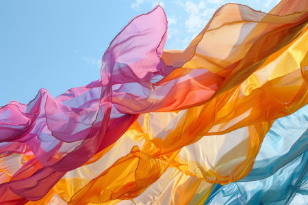 Transparent colorful fabrics are waving in the wind on blue sky backgroundの素材