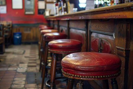 Red leather bar stools lined up at an empty bar are waiting for customersの素材
