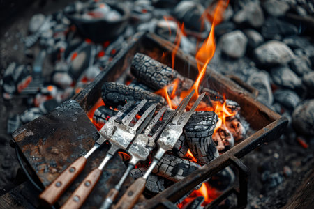 Three barbecue forks are resting on a grill grate over burning coalsの素材