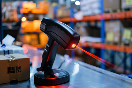 Barcode scanner is scanning a barcode on a cardboard box in a warehouseの素材