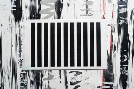 Black and white stripes pattern is glued on a wall with abstract brushstrokes, creating a textured and graphic backgroundの素材