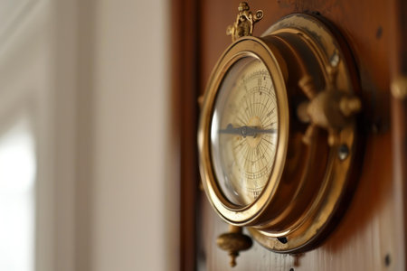 Antique pressure gauge with a brass finish is mounted on a wooden panel, showing the pressure readingの素材