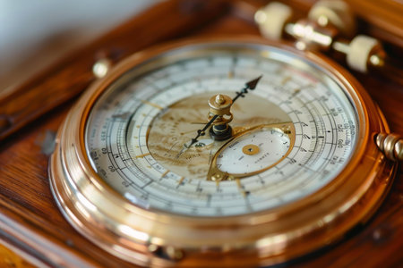 Golden antique pocket watch resting on wood, with hands ticking forward and shallow depth of fieldの素材