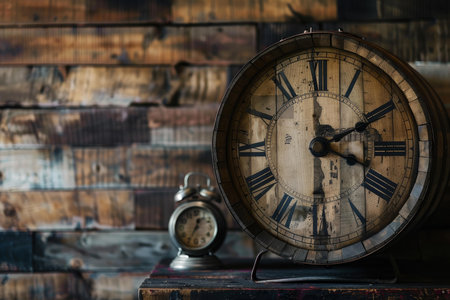 Large rustic wall clock with roman numerals telling time sitting on a shelf with a small alarm clockの素材