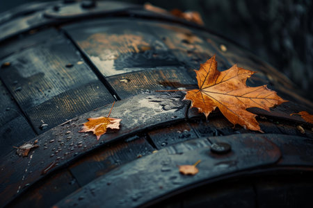 Single golden maple leaf is resting on a wet wooden barrel, with smaller leaves scattered around it, evoking the melancholic beauty of autumnの素材