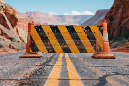 Weathered road closed sign is blocking a remote desert highwayの素材