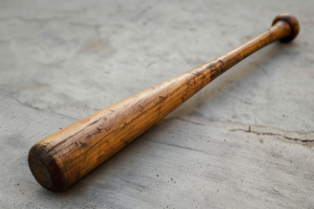 Old and worn wooden baseball bat is lying on a gray concrete surfaceの素材