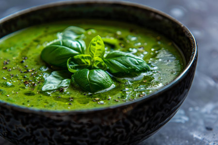 Green soup made with fresh ingredients is seasoned with black pepper and decorated with basil leavesの素材