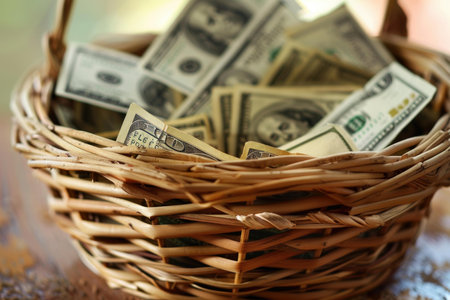 Wicker donation basket overflowing with us dollar billsの素材