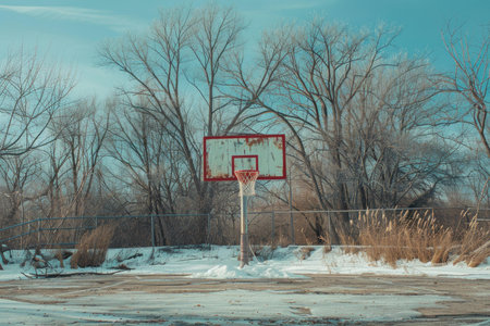 Old basketball hoop is standing on an abandoned outdoor basketball court in winterの素材