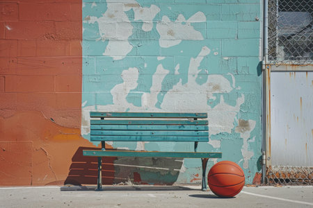 Basketball is sitting on the ground near a green bench in front of a distressed wallの素材