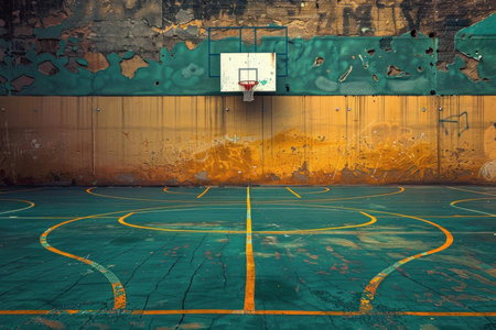 Old abandoned outdoor basketball court with grunge wall is waiting for playersの素材