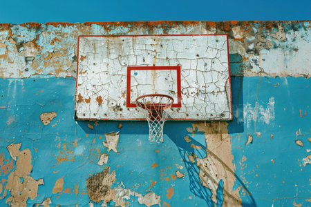 Old basketball hoop is attached to a blue wall with peeling paint casting a shadow on a sunny dayの素材