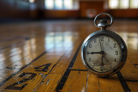 Old pocket watch is laying on the wooden floor of a gym, showing the passage of timeの素材