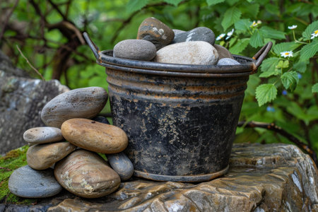Old metal bucket holding smooth river rocks is sitting on a stone surface with green plants in the backgroundの素材