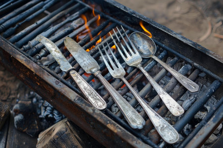 Silverware is getting warmed on a rusty metal campfire grillの素材