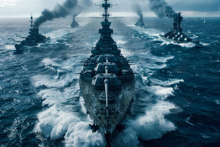 Fleet of powerful battleships is sailing in formation on the open ocean, creating a powerful display of naval mightの素材